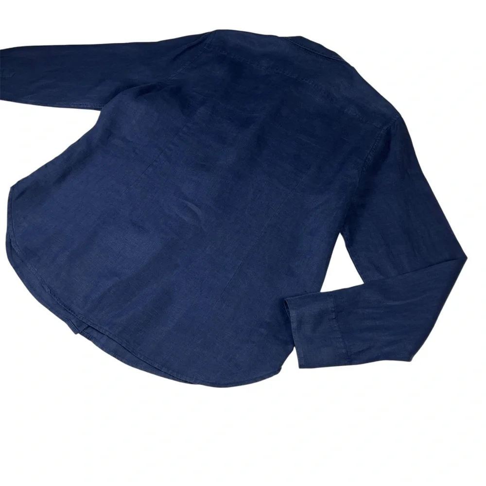 J. Crew Baird McNutt Irish Linen Navy Blue Button Down Blouse Size 14 Slim EUC - Picture 7 of 9